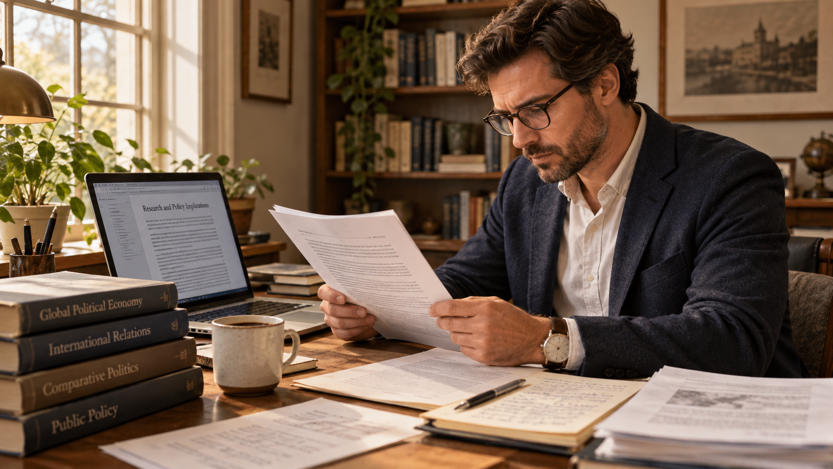 A researcher reading original documents at a desk surrounded by books and research notes — representing the Niche Researchers editorial process
