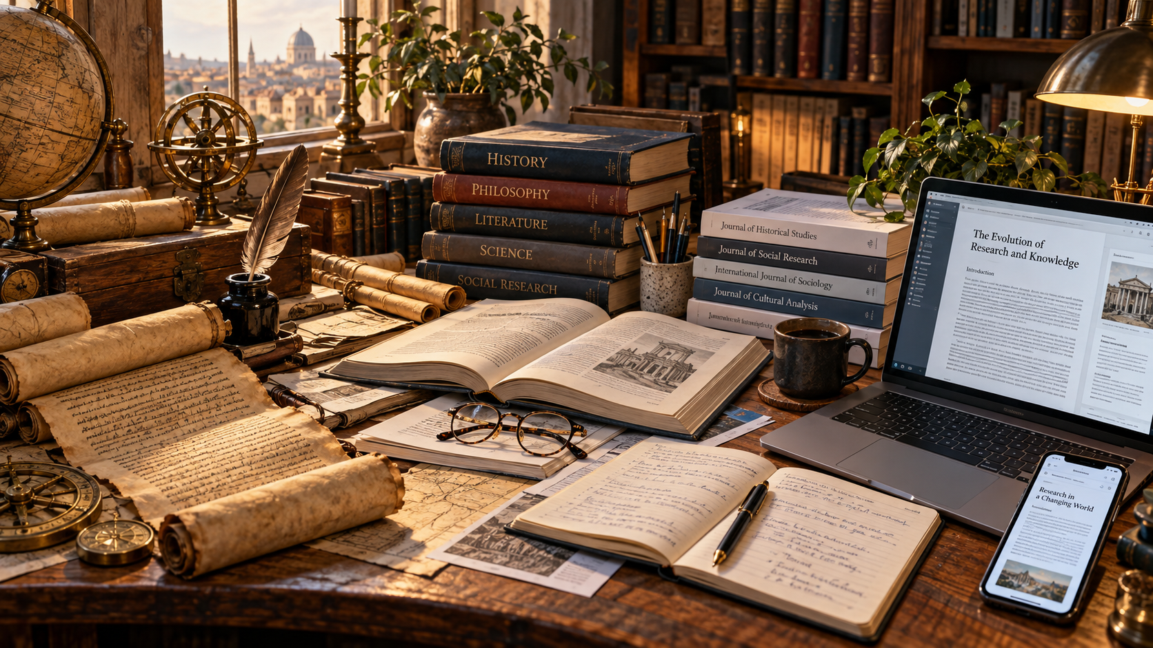 The evolution of research tools from ancient scrolls to modern laptops — showing how research methods have changed throughout history